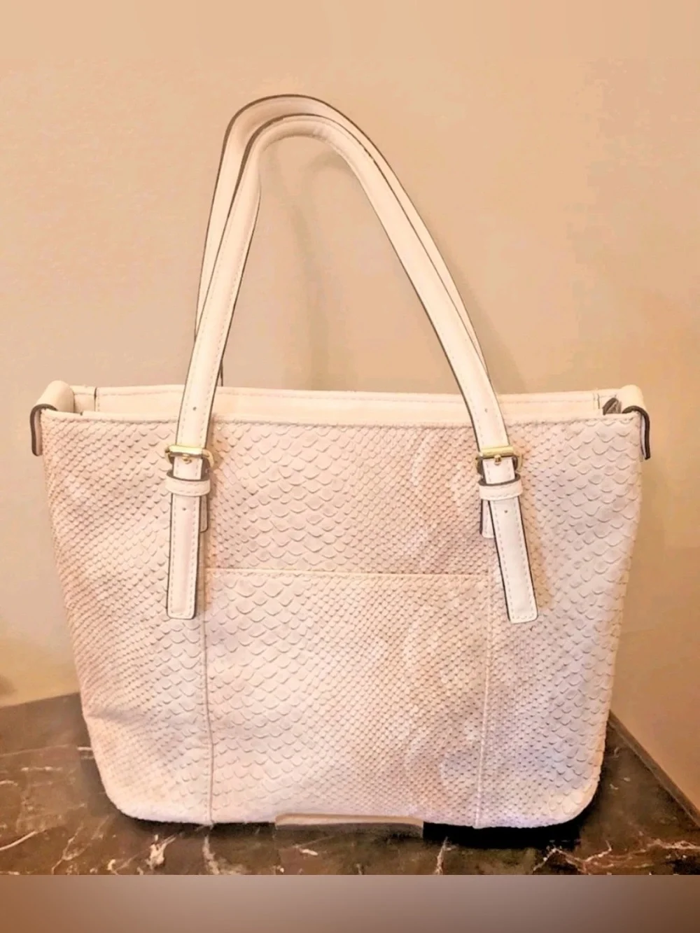 Anna Klein Cream Snake-Embossed Tote Bag